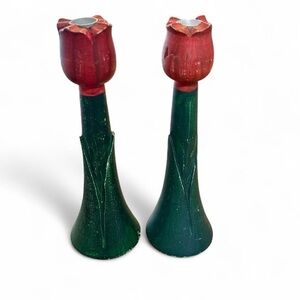 Vintage Hand Carved Wood Tulip Candle Holders 10” Floral Set Of 2 Cottagecore